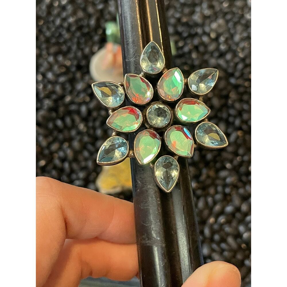 Native Sw Sterling Faceted Multi-stone Blue Green Rainbow Borealis Cluster Ring - Picture 3 of 12